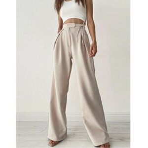 NWT Commense Palazzo‎ Tied Wide Leg Dress Pants Size Small Tan Tie Detail